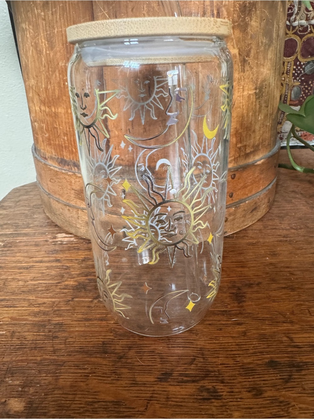 Clear Glass Tumbler with Sun & Moon Design and Bamboo Lid